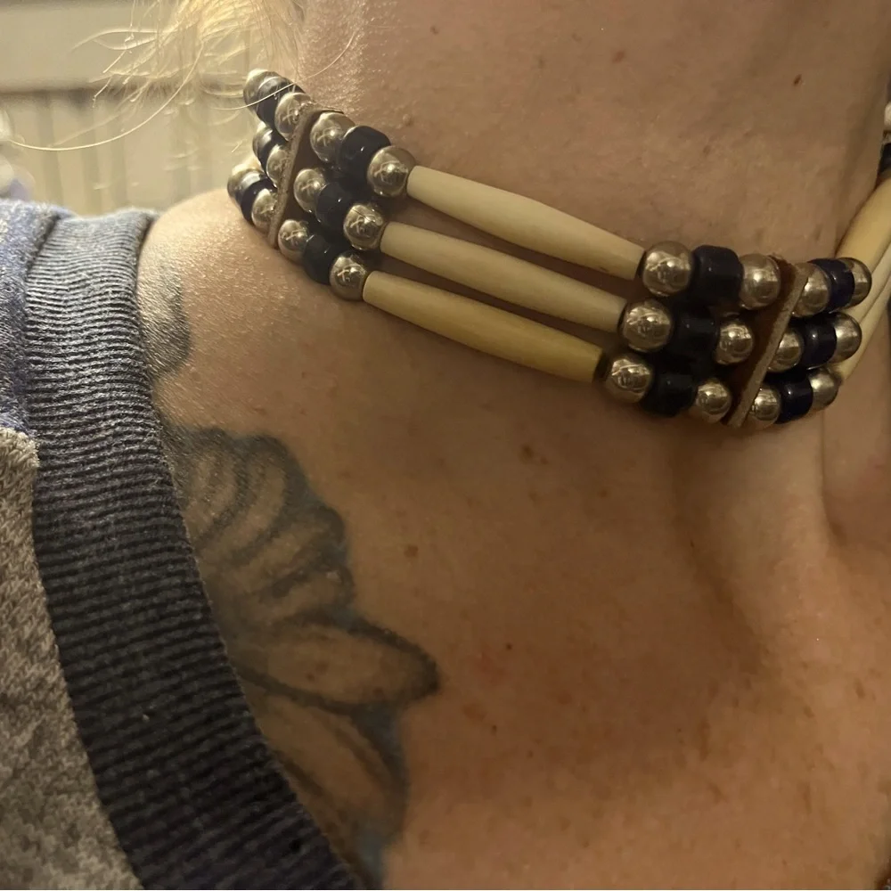 Native American style choker necklace , handmade bone leather and beading - Picture 2 of 5